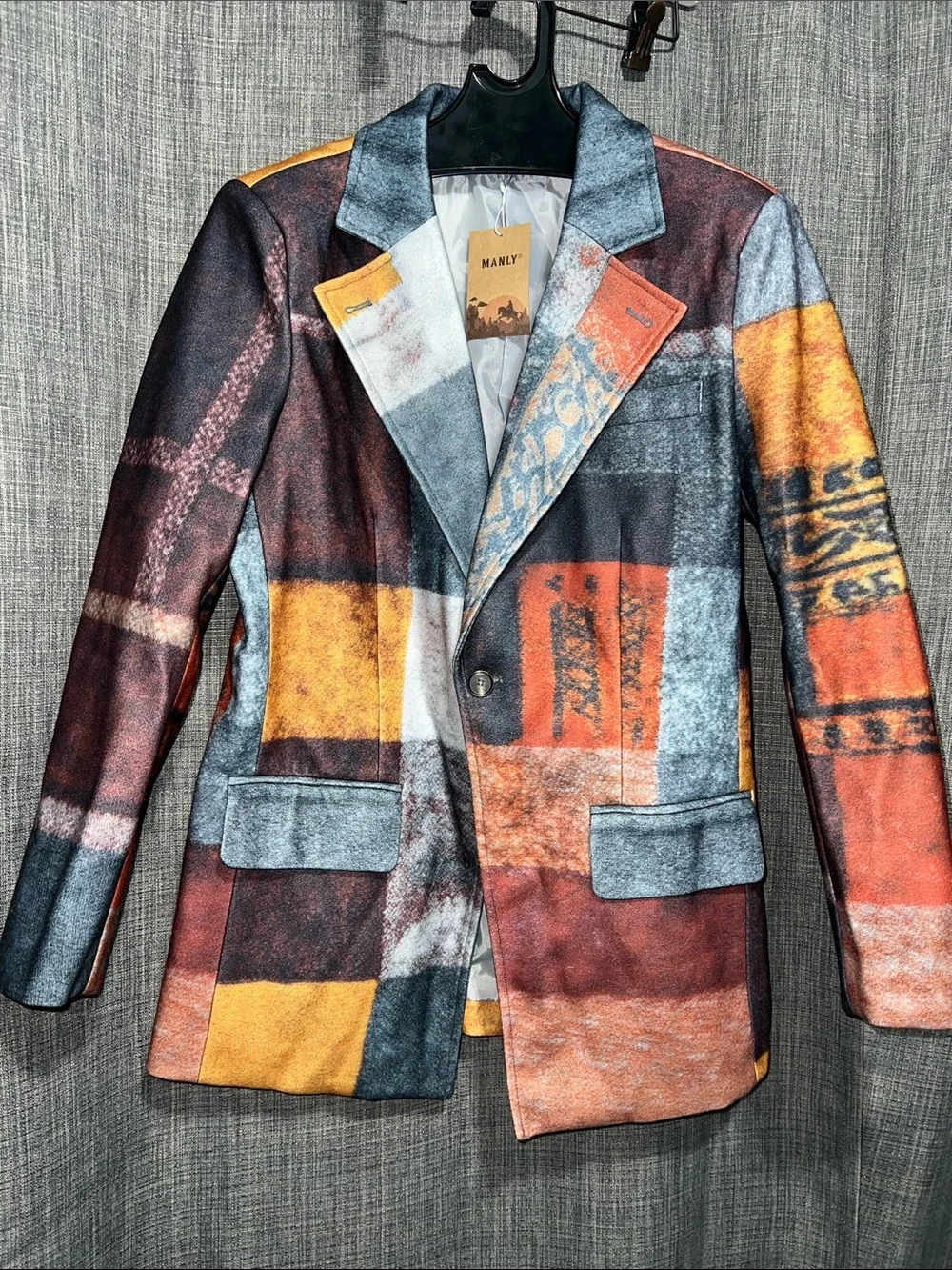 Men’s MANLY Casual Retro Plaid Patchwork Printed Blazer Jacket Medium